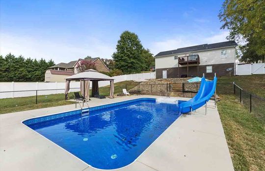 swimming pool, pergola, slide to swimming pool