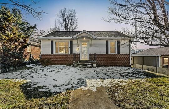 One Level Bungalow, sidewalk, stairs, front door, covered front porch, vinyl siding, brick, front yard