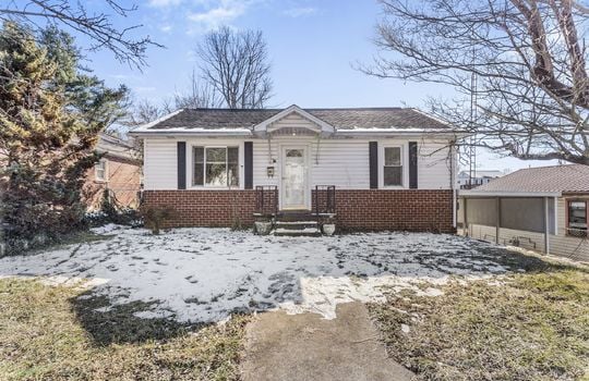 One Level Bungalow, sidewalk, stairs, front door, covered front porch, vinyl siding, brick, front yard