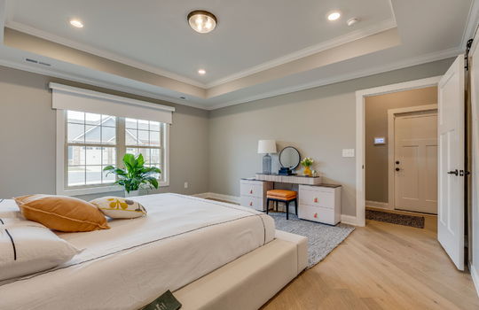 bedroom, tray ceilings, window, luxury vinyl flooring, door