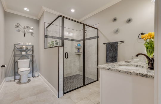 bathroom, toilet, walk in shower, tile shower, tile flooring, sink, recessed lighting