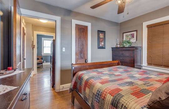bedroom, closet, hardwood flooring, ceiling fan, windows