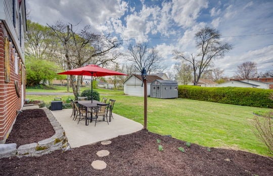 rear patio, back yard, storage shed, landscaping