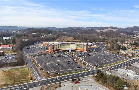 aerial view of hard rock hotel & casio, parking lot, road, mountain views