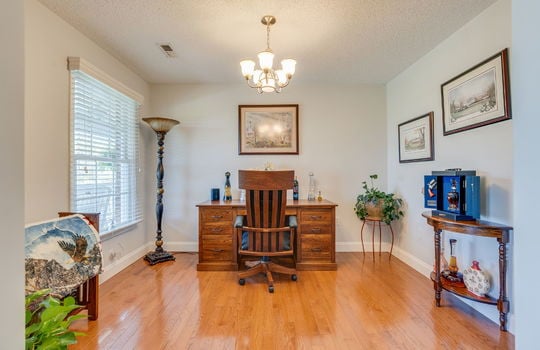 office, hardwood flooring, chandelier, window