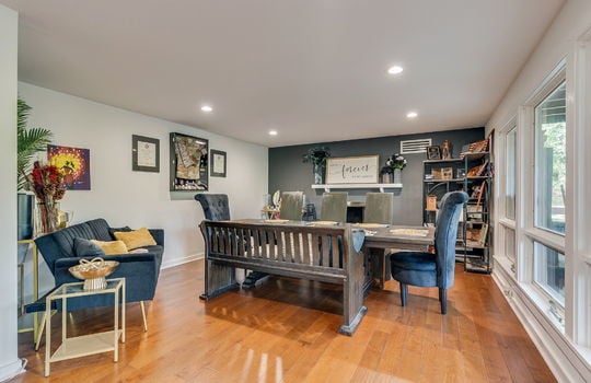formal dining space, recessed lighting, hardwood flooring, large picture windows