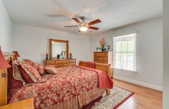 bedroom, window, ceiling fan, hardwood flooring
