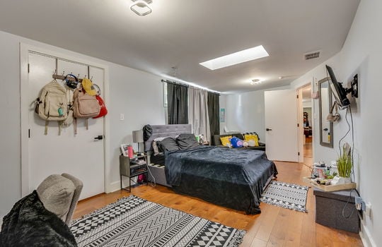 bedroom, skylight, door, hardwood flooring
