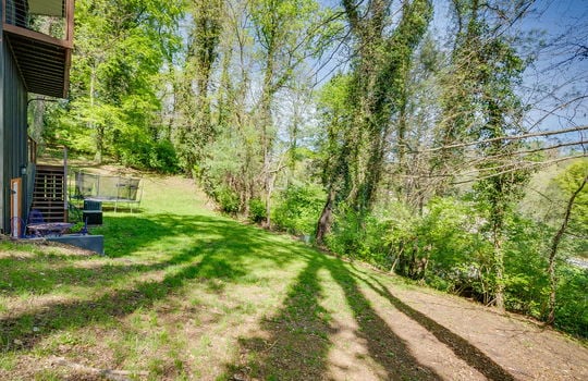 back yard, trees, back balcony, stairs to patio, entry door
