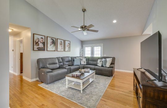 living room, ceiling fan, hardwood flooring