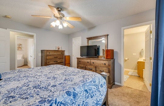 bedroom, ceiling fan, carpet, door to ensuite bathroom