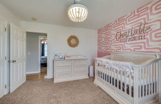 bedroom, carpet, light fixture, closet, door to hallway