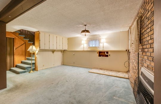 lower level living area, carpet, washer/dryer hookups, brick feature wall, carpeted stairs