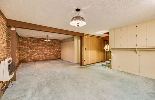 lower level living area, carpet, brick feature wall, paneling walls