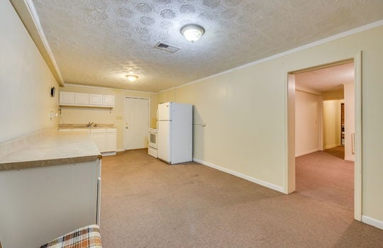 lower level kitchen, sink, oven/range, refrigerator, exterior door, carpet