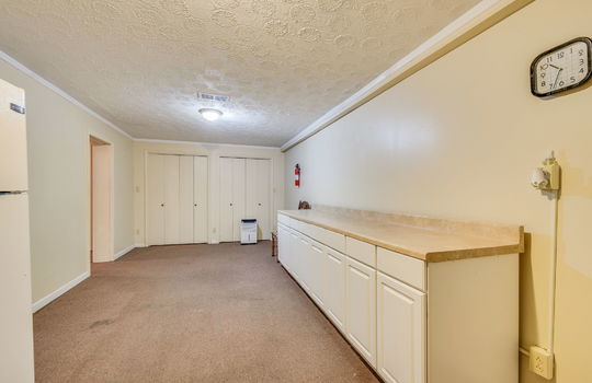lower level kitchen area, cabinets, countertops, pantry/storage closets, carpet