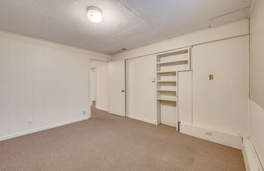 lower level bedroom/office/bonus room, shelving, paneling walls