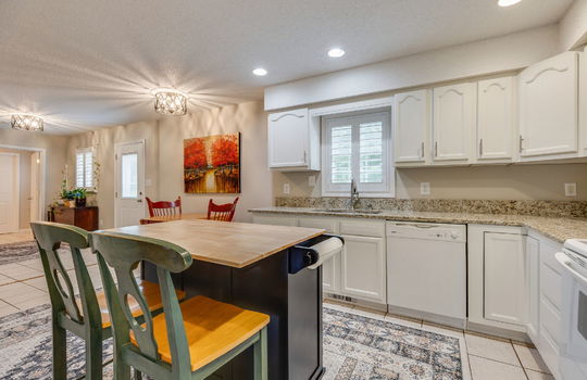 kitchen, granite countertops, sink, dishwasher, white cabinets, breakfast nook, exterior door