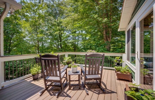 back deck, deck railing, trees, nature views