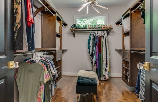 walk-in closet, hardwood flooring, closet organizers, shelving, light fixture