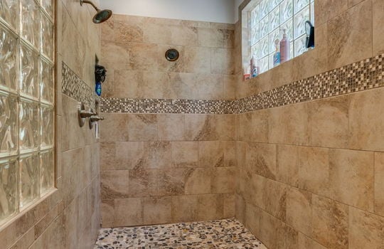 walk in tile shower, dual shower heads, tile shower walls
