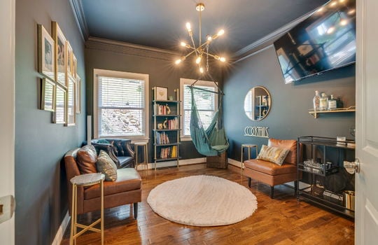 bedroom, hardwood flooring, windows, light fixture
