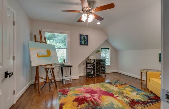 bedroom, nook, ceiling fan, hardwood flooring, closet