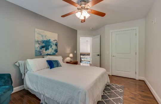 bedroom, hardwood flooring, ceiling fan, closet