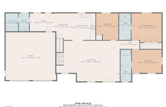 main level floorplan, laundry room, bathroom, entry, eat in kitchen, bedrooms, bathrooms, living room, garage