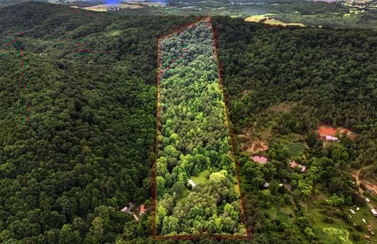 aerial photo with property outline, neightboring homes, trees, mountains
