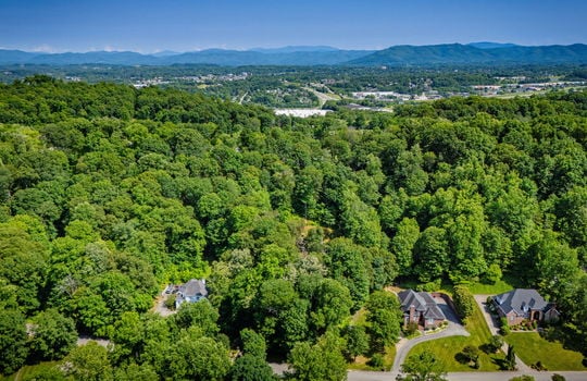 aerial view of property and neighboring properties, trees, road, mountain views
