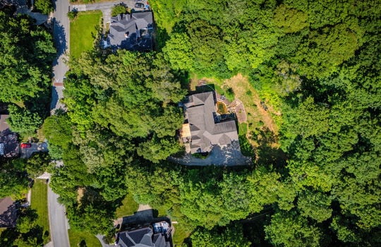 aerial view of property, woods, trees, roof, driveway, back yard, pond, surrounding properties, road