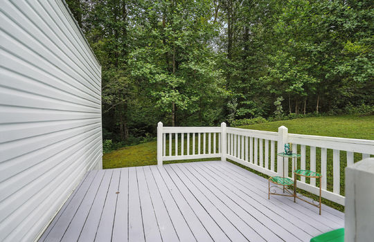 back deck, deck railing, back yard, trees