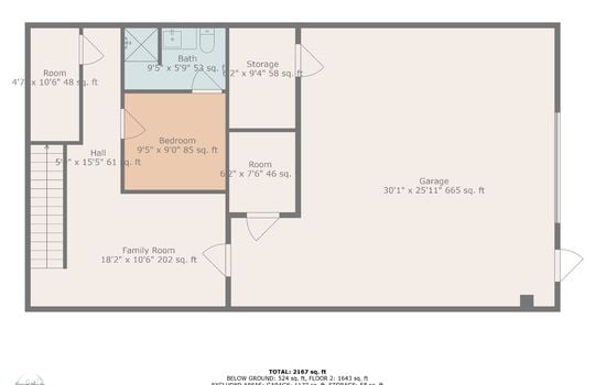 Lower Level Floorplan, garage, family room, bedroom, storage, bathroom, stairs