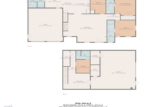 floorplan for both floors of the home, lower level, main level, living room, bedrooms, family room, kitchen, garage