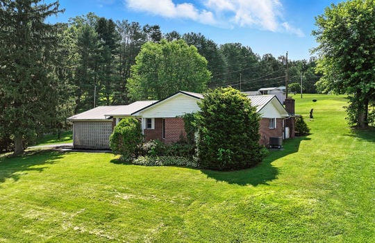 brick ranch, landscaping, carport, trees