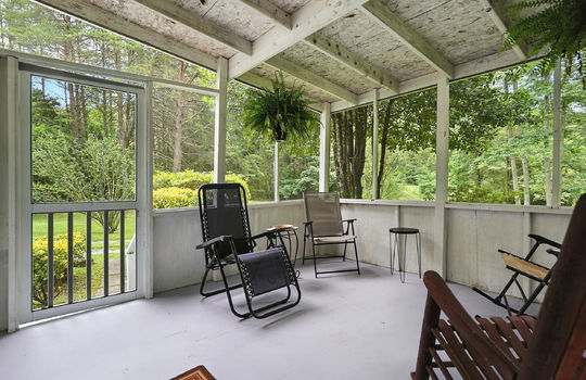 covered, screened, front porch, yard view, trees, screen door