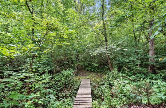 wood foot bridge over creek, walking path, wooded scenic trail