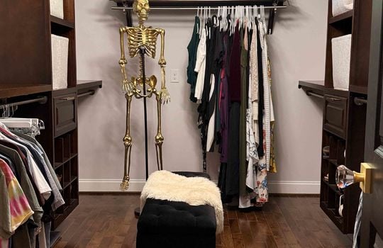 golden fake skeleton in closet, closet organization, shelves, hardwood flooring, chandelier, window