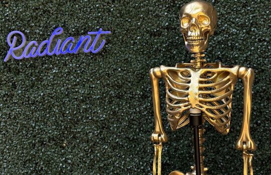 golden fake skeleton in front of foliage wall