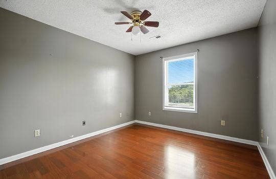 bedroom, window, ceiling fan, laminate flooring