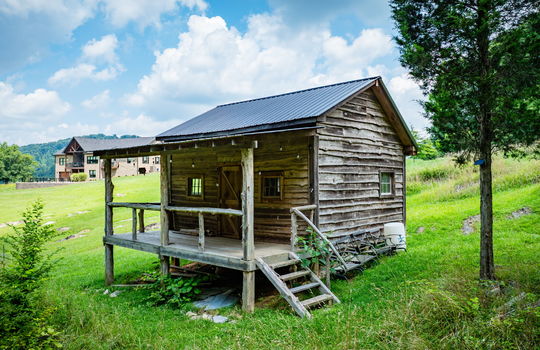 cabin, covered front porch, wooden steps, rustic cabin, neighboring home, land, trees