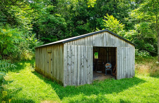 shed, cleared land, trees