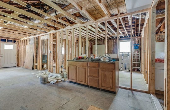 house interior, wood framing for walls/ceiling, subfloor, fixer upper