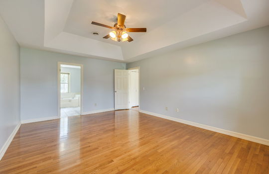 primary bedroom, tray ceiling, ceiling fan, hardwood flooring, door to primary bathroom