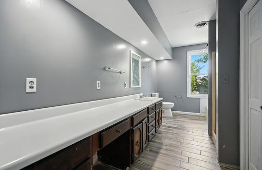 bathroom, luxury vinyl flooring, sink, toilet, shower, shower/tub, closet