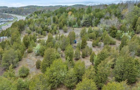 aerial photo, undeveloped land, 48+/- acres, commercial land for sale, trees, neighboring businesses, stone drive, mountain views, 1100'+ Road Frontage