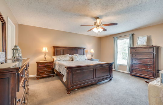 primary bedroom, window, ceiling fan, carpet, closet