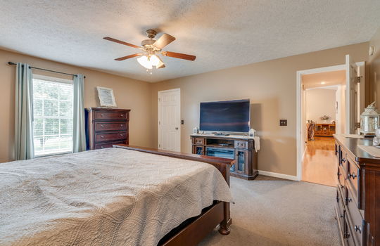 bedroom, carpet, ceiling fan, closet, window, door to hallway