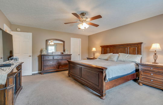 bedroom, carpet, ceiling fan, door to ensuite